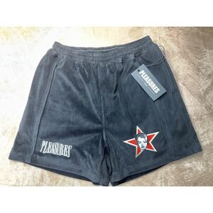 Pleasures Shorts Mens Medium Black Velour Relaxed Embroidered Party Animal NWT